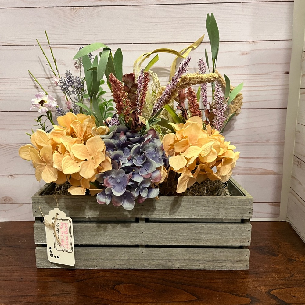 New!! Mixed Bouquet with Hydrangeas in Farmhouse Wooden Crate